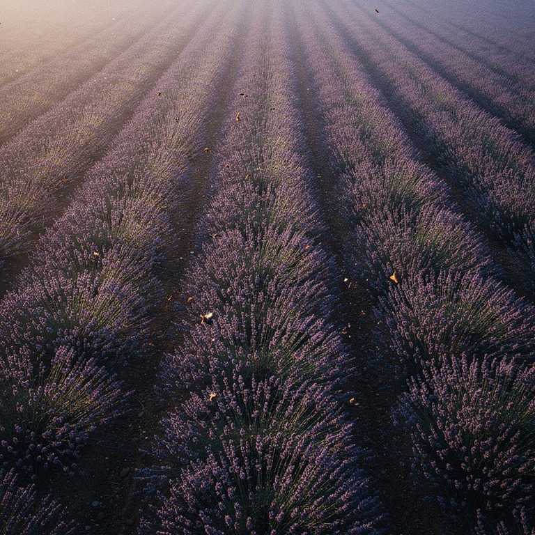 Lavender field at dusk, rows fading into soft purple haze | ShopAyahuascaRetreats