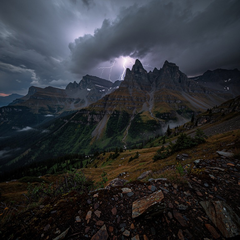 Lightning illuminating distant mountain range, stormy night | ShopAyahuascaRetreats