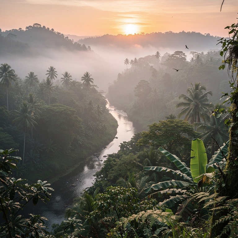 Mist hanging low over a tropical valley at sunrise | ShopAyahuascaRetreats