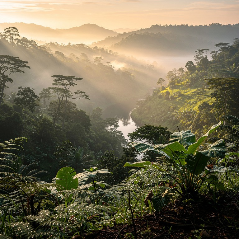 Mist hanging low over a tropical valley at sunrise | ShopAyahuascaRetreats