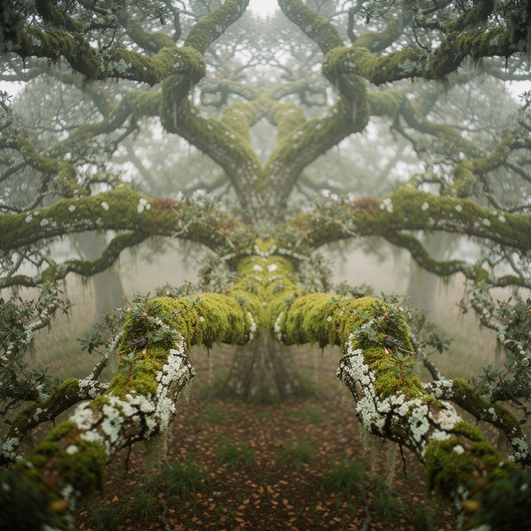 Moss-draped oak in a coastal fog | ShopAyahuascaRetreats