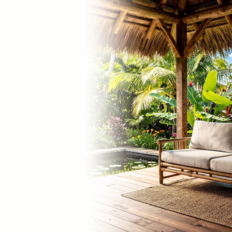 Open thatched-roof veranda overlooking a tropical garden | ShopAyahuascaRetreats