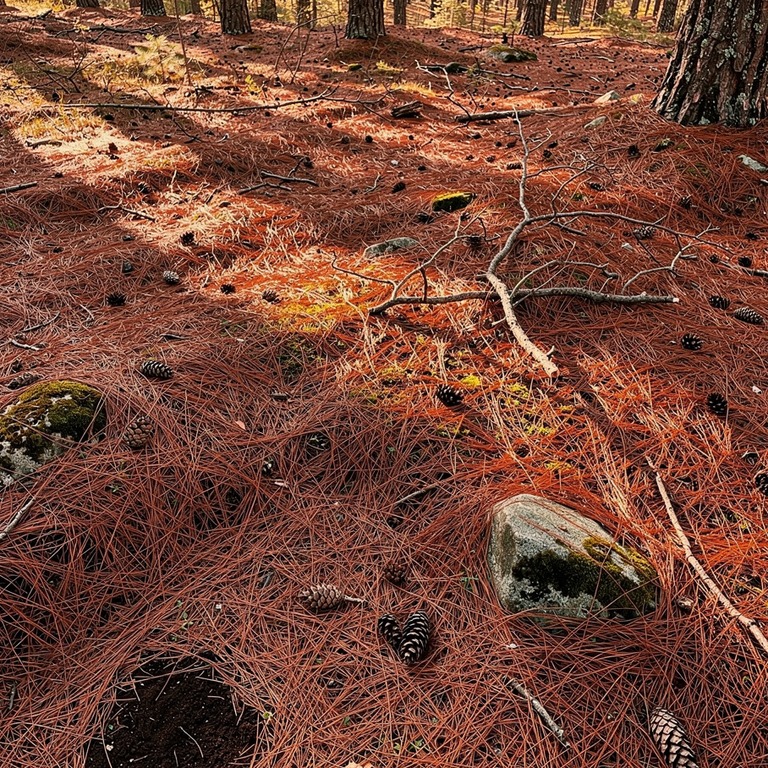 Pine forest with red-brown needle floor, soft afternoon ligh... | ShopAyahuascaRetreats