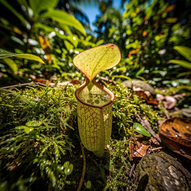 Pitcher plant nestled in moss, water collected inside the cu... | ShopAyahuascaRetreats