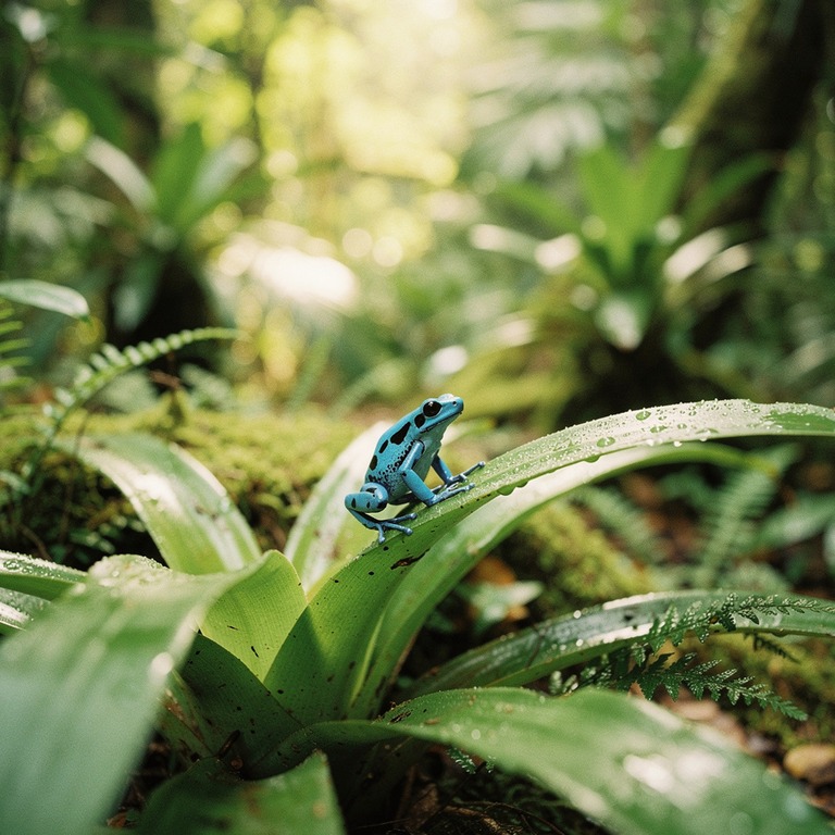 Poison dart frog on a bromeliad leaf, vibrant blue against g... | ShopAyahuascaRetreats