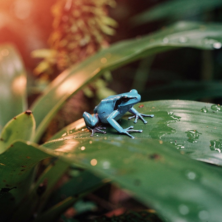 Poison dart frog on a bromeliad leaf, vibrant blue against g... | ShopAyahuascaRetreats