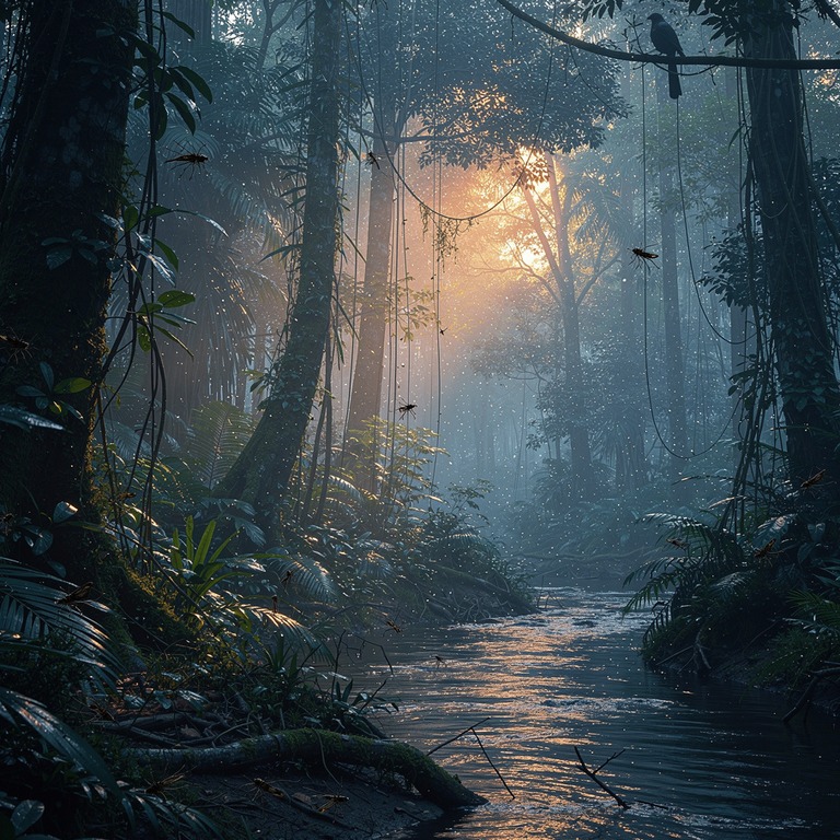 Pre-dawn jungle, deep blue tones with first golden light fil... | ShopAyahuascaRetreats