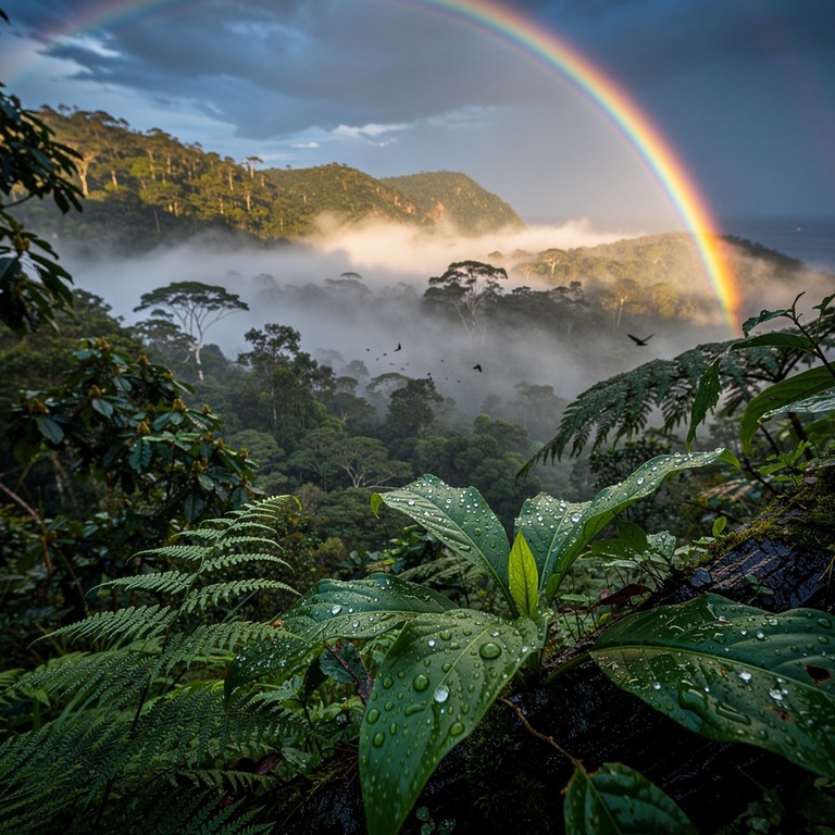 Rainbow arching over a misty rainforest valley after a storm | ShopAyahuascaRetreats