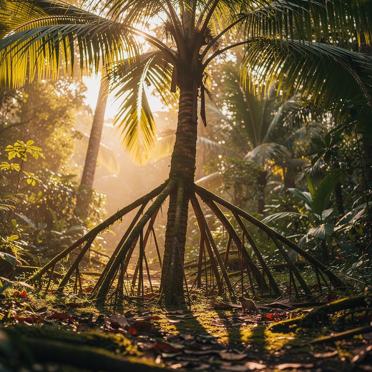 Walking palm tree with stilted exposed roots, low jungle lig... | ShopAyahuascaRetreats