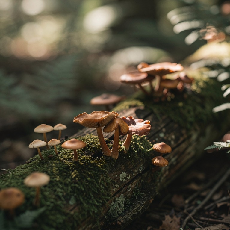 Wild mushrooms scattered on a mossy log, dappled forest ligh... | ShopAyahuascaRetreats