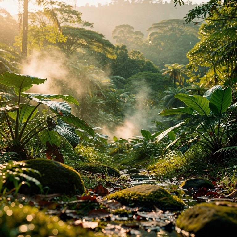 Wisps of steam rising from wet rainforest leaves after a dow... | ShopAyahuascaRetreats