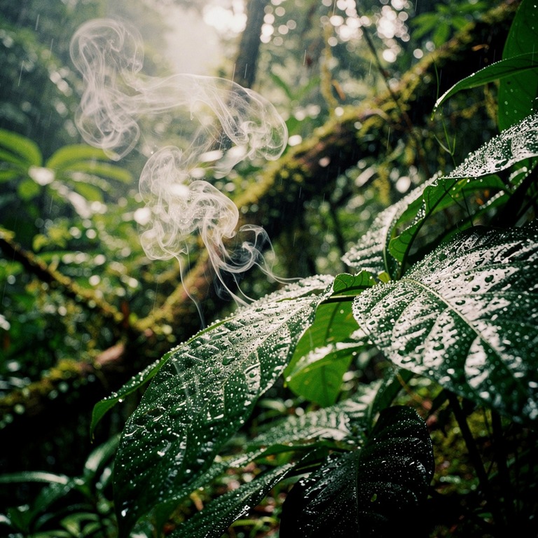 Wisps of steam rising from wet rainforest leaves after a dow... | ShopAyahuascaRetreats