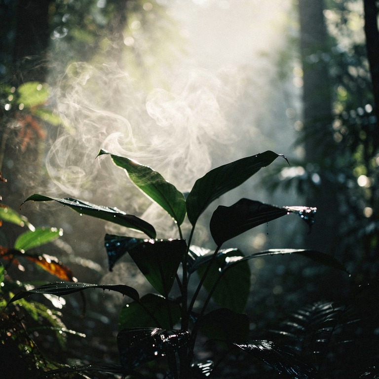 Wisps of steam rising from wet rainforest leaves after a dow... | ShopAyahuascaRetreats