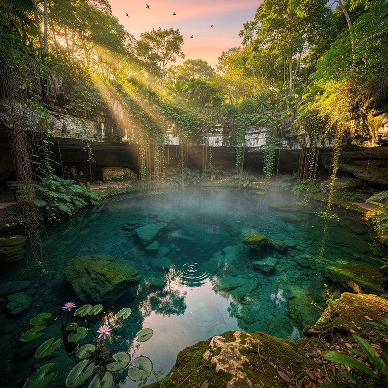 A cenote at dawn, with the first light of sunrise illuminati... | ShopAyahuascaRetreats