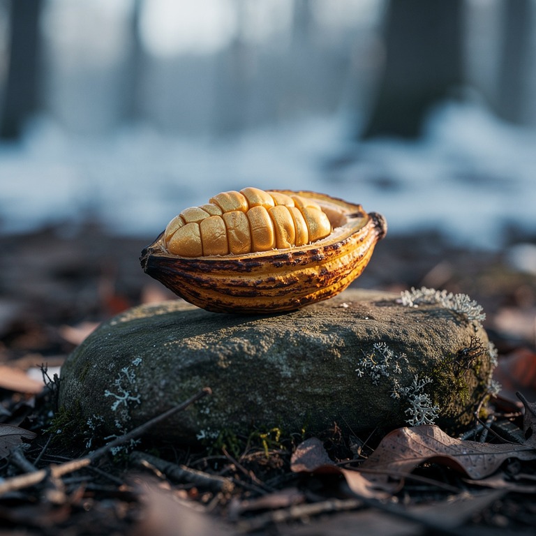 A close-up of a cacao pod cracked open on a stone, revealing... | ShopAyahuascaRetreats