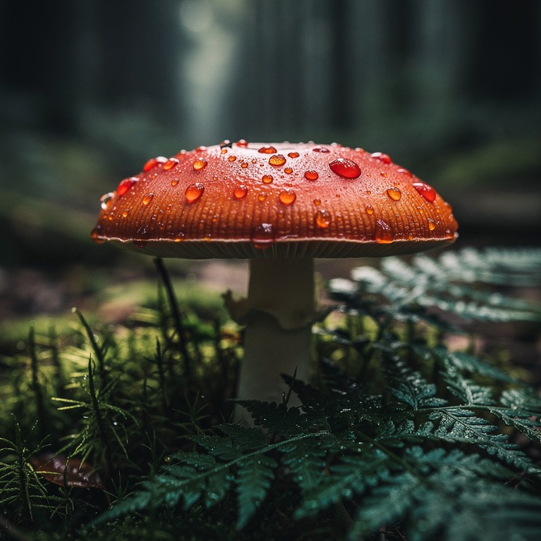 A close-up of a psilocybin mushroom cap, with dew droplets o... | ShopAyahuascaRetreats