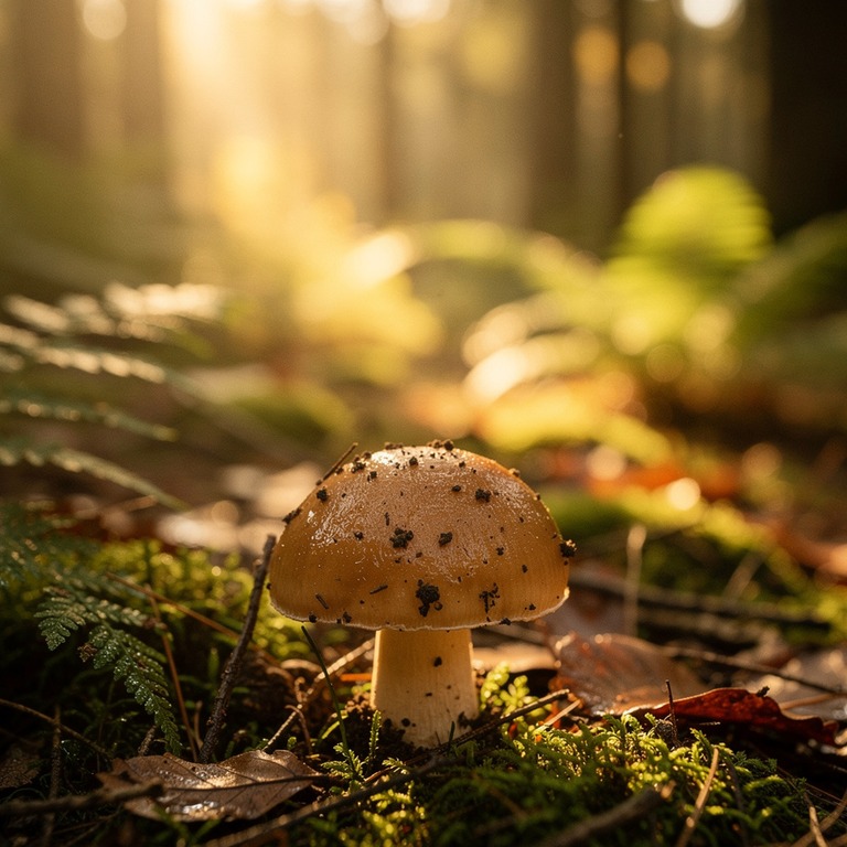 A close-up of a truffle mushroom pushes through the damp, mo... | ShopAyahuascaRetreats