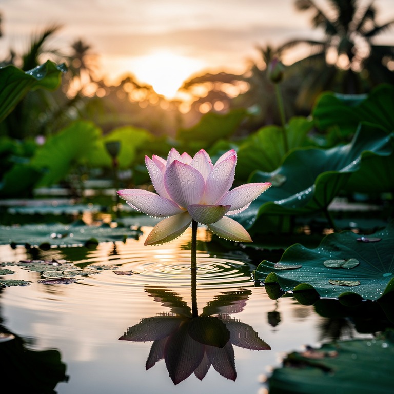 A delicate, dew-kissed lotus flower blooming in a quiet pond... | ShopAyahuascaRetreats