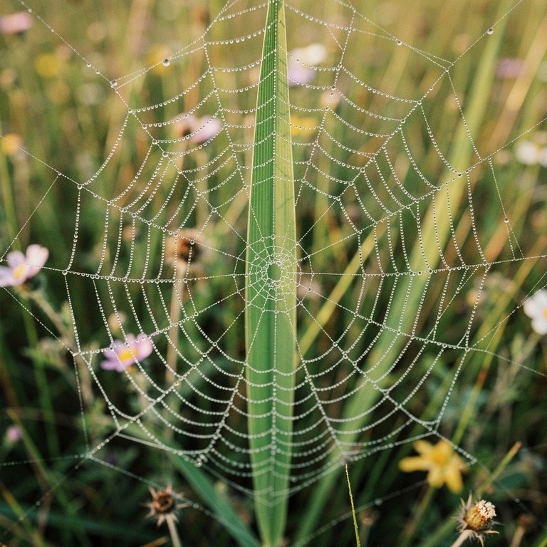 A delicate, dew-kissed web clings to a blade of grass in a s... | ShopAyahuascaRetreats