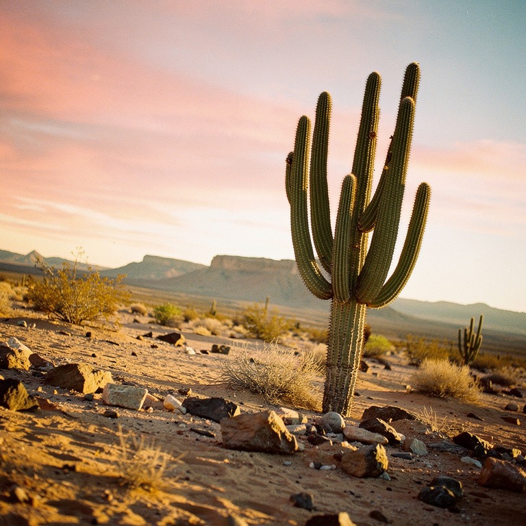 A desert landscape at sunrise, with a lone San Pedro cactus ... | ShopAyahuascaRetreats
