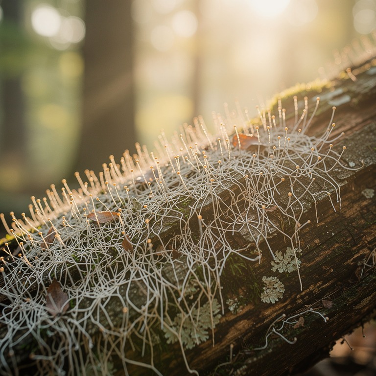 A detailed, macro shot of mycelium grows in a pattern of fin... | ShopAyahuascaRetreats