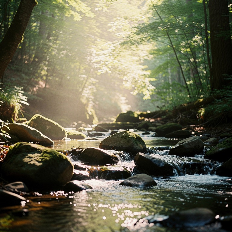 A gentle stream flowing over rounded stones in a forest, wit... | ShopAyahuascaRetreats