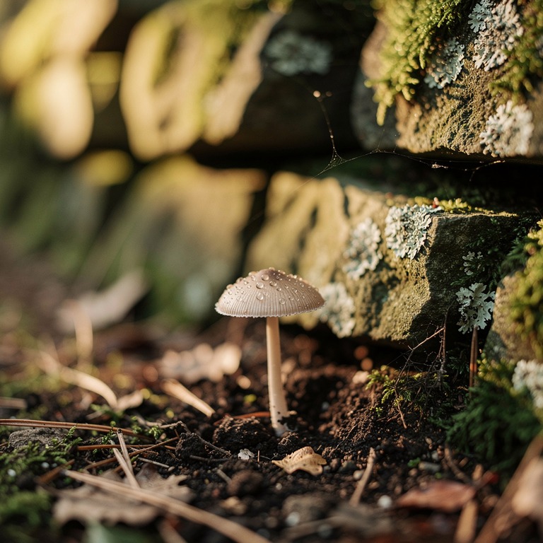 A lone, fragile psilocybin mushroom grows in the shadows of ... | ShopAyahuascaRetreats