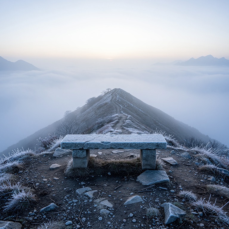 A lone stone bench on a misty mountain ridge at dawn, with a... | ShopAyahuascaRetreats