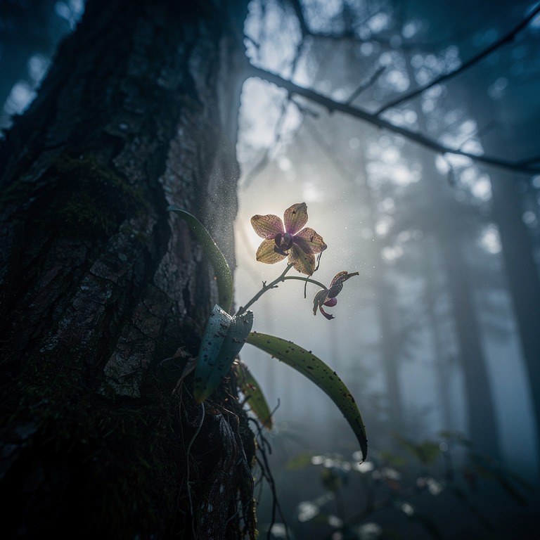 A lone, struggling orchid, its petals wilted and brown, clin... | ShopAyahuascaRetreats