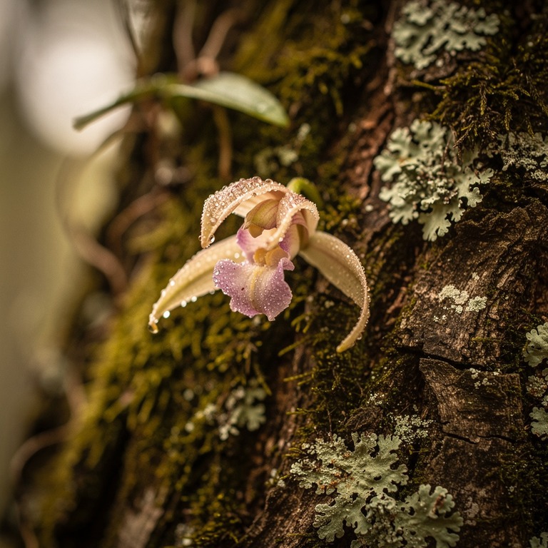 A macro view of a slowly unfurling orchid on a tree trunk, w... | ShopAyahuascaRetreats