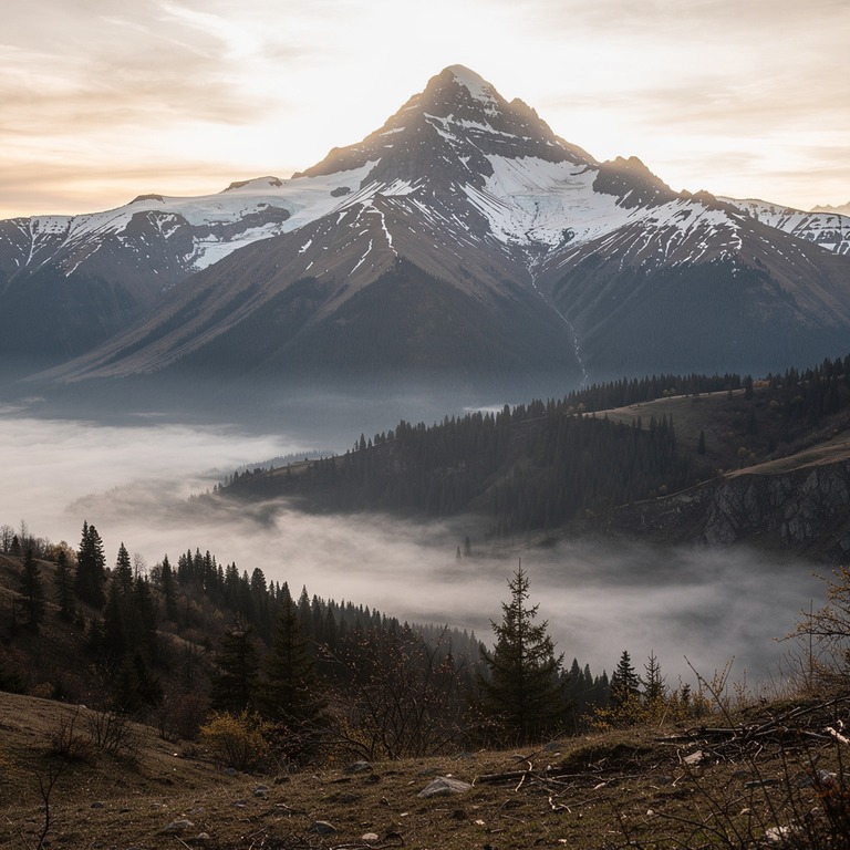 A majestic, snow-capped mountain peak rises above a serene, ... | ShopAyahuascaRetreats