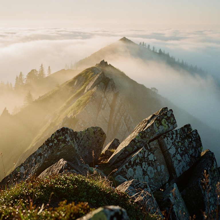 A misty mountain ridge at dawn, with the sun's rays peeking ... | ShopAyahuascaRetreats