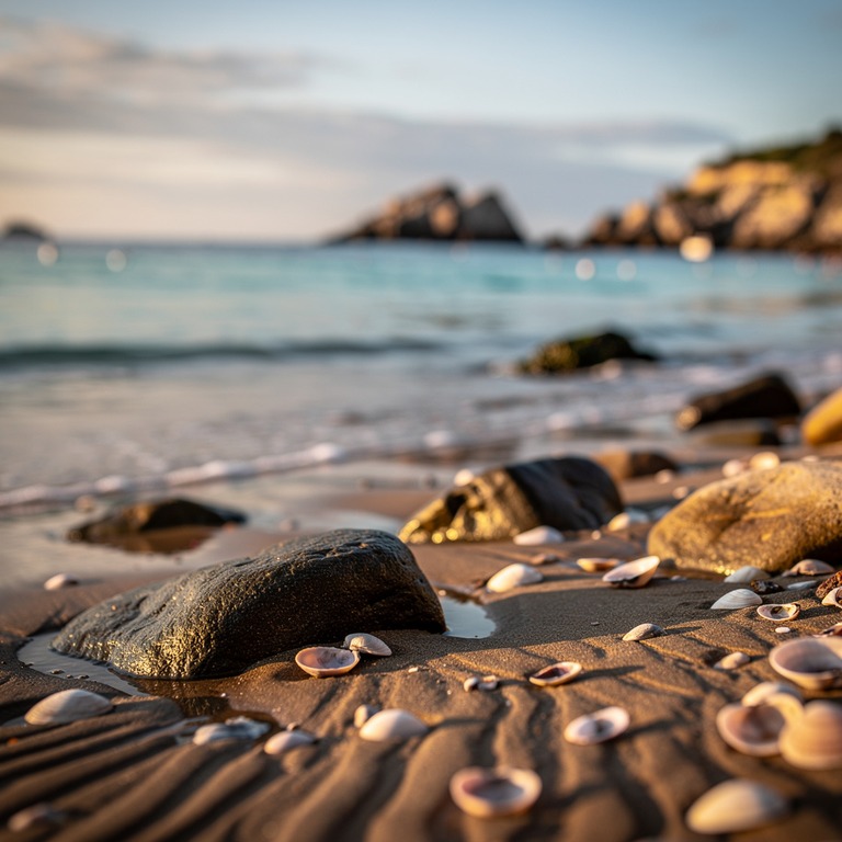 A peaceful sea cove at low tide, with smooth rocks and shell... | ShopAyahuascaRetreats