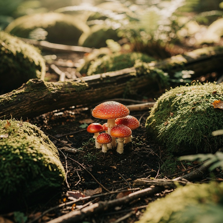 A quiet, moss-covered glade with a few scattered, vibrant mu... | ShopAyahuascaRetreats