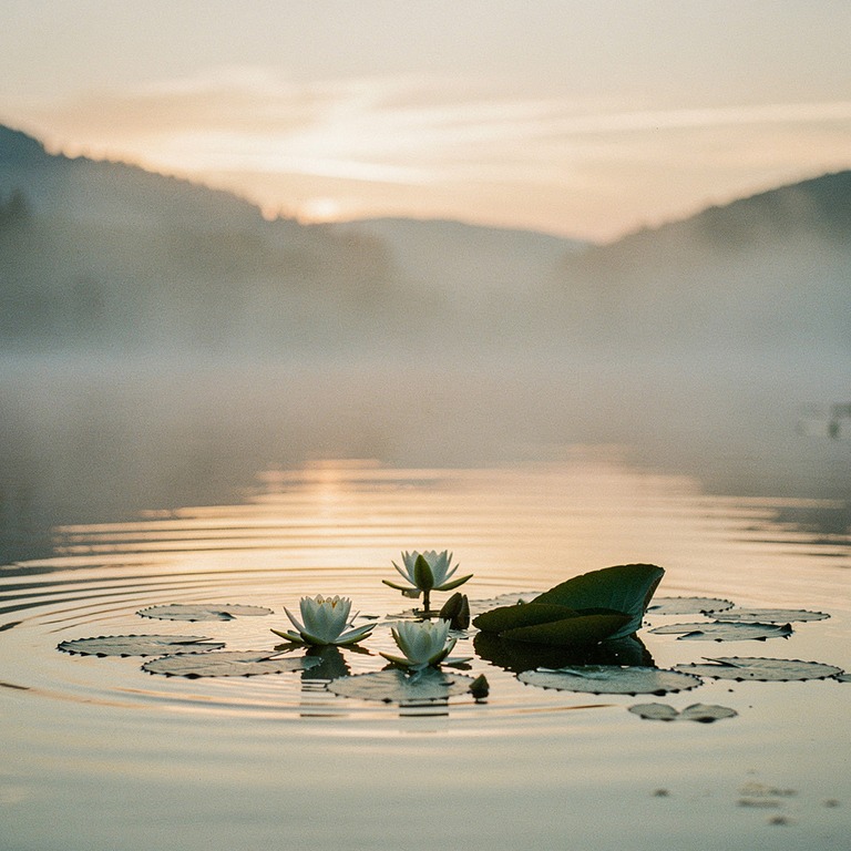 A serene, misty lake at sunrise, with a few water lilies flo... | ShopAyahuascaRetreats