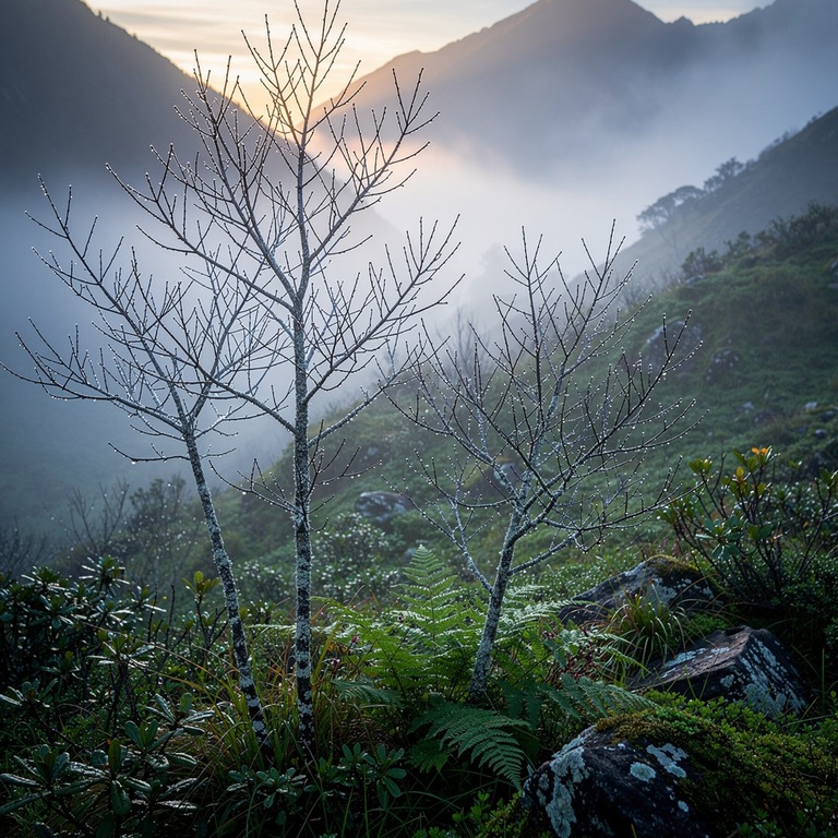 A serene, misty mountain valley at sunrise, with a few bare ... | ShopAyahuascaRetreats