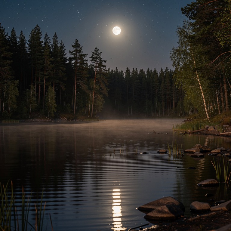 A serene, moonlit lake with a few ripples on its surface, su... | ShopAyahuascaRetreats