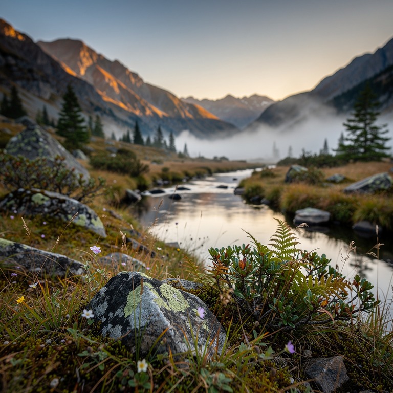 A serene mountain valley at dawn, with misty fog rolling in ... | ShopAyahuascaRetreats