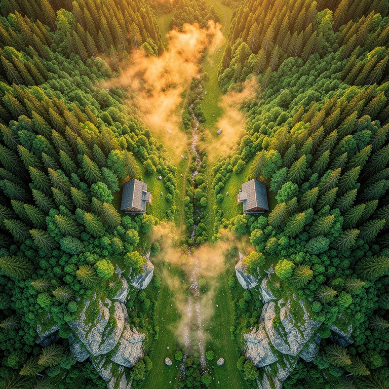 A serene mountain valley at sunrise, with a few rustic huts ... | ShopAyahuascaRetreats