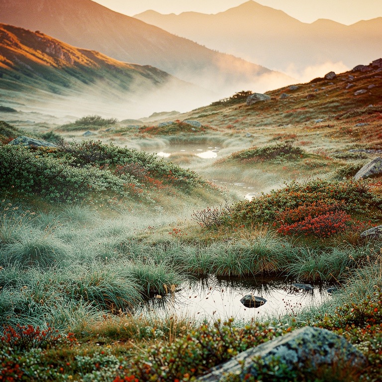 A serene mountain valley at sunrise, with a gentle mist roll... | ShopAyahuascaRetreats