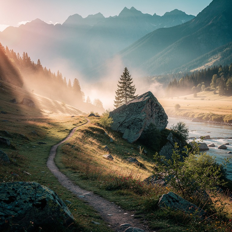 A serene mountain valley at sunrise, with misty fog lifting ... | ShopAyahuascaRetreats