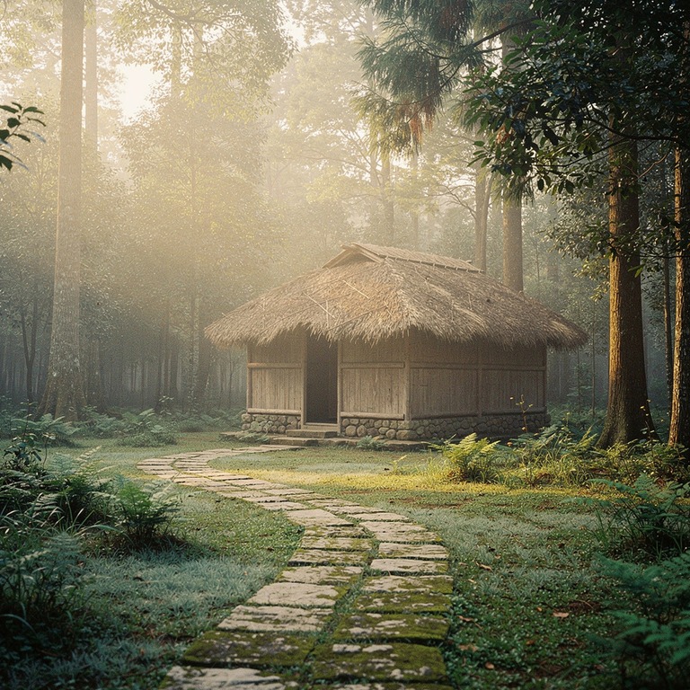 A small, secluded hut nestled among tall trees, with a thatc... | ShopAyahuascaRetreats