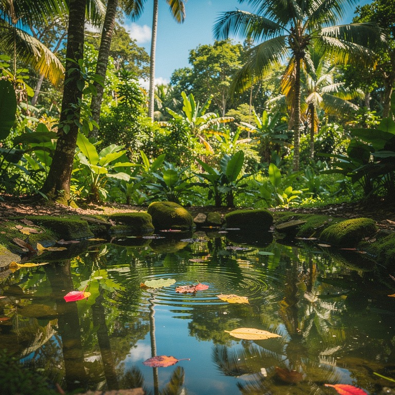 A small, serene pond reflecting the vibrant colors of the su... | ShopAyahuascaRetreats