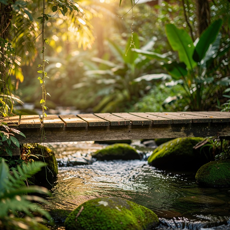 A small, weathered wooden bridge spans a gentle, babbling br... | ShopAyahuascaRetreats