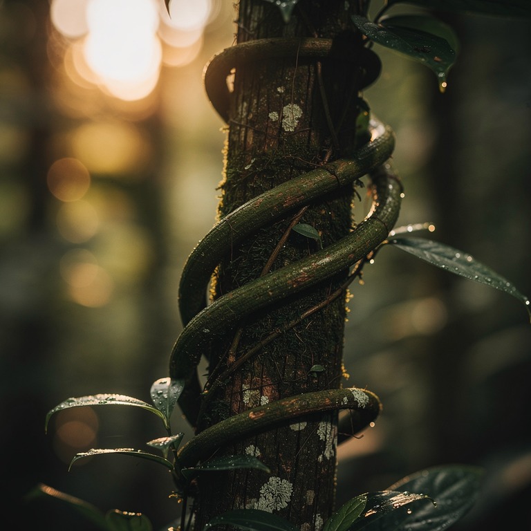 A solitary ayahuasca vine curls around a tree trunk in the d... | ShopAyahuascaRetreats
