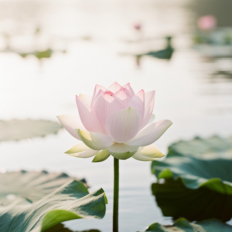 A solitary lotus flower blooming in a quiet pond, its petals... | ShopAyahuascaRetreats