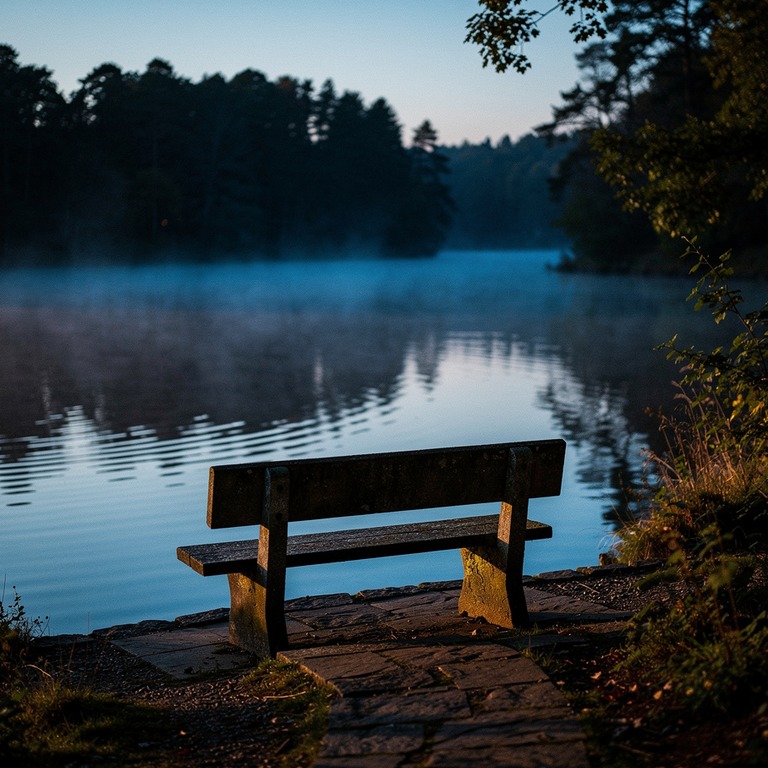 A solitary stone bench at the edge of a serene lake at dawn,... | ShopAyahuascaRetreats