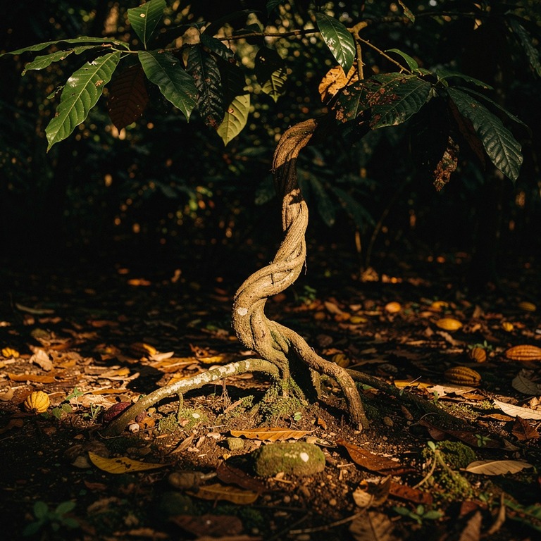 A solitary, twisted cacao tree root, partially buried in the... | ShopAyahuascaRetreats