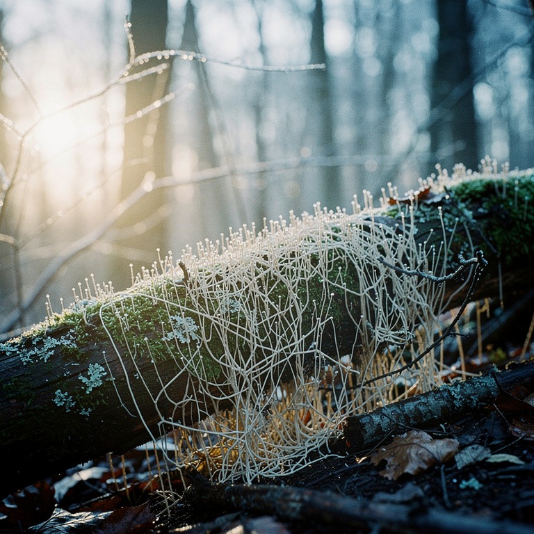 A sprawling network of mycelium on a moss-covered log, backl... | ShopAyahuascaRetreats