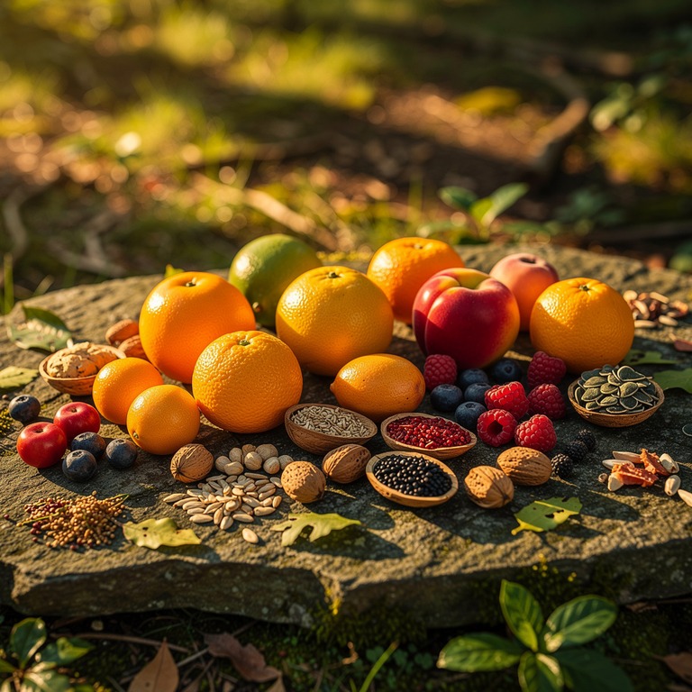 A still life of various fruits, seeds, and nuts, arranged ar... | ShopAyahuascaRetreats